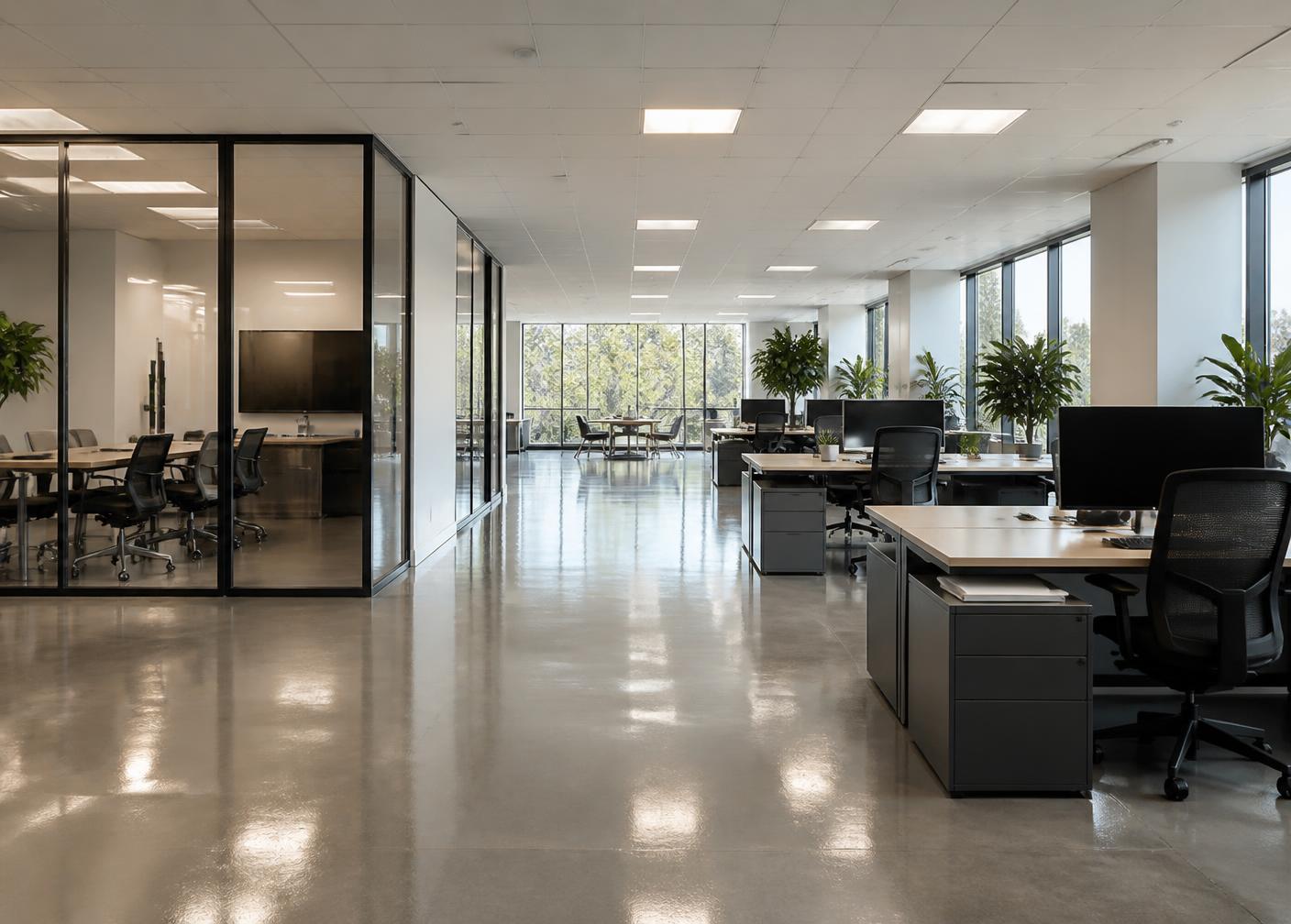 Bureau commercial propre et lustré après le passage de l'équipe